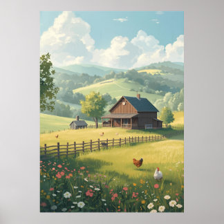 Poster Cabana Rústica no Campo com Flores Silvestres 