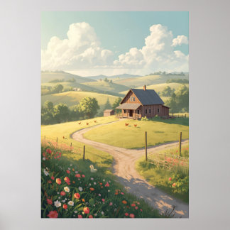 Poster Cabana Rústica no Campo com Flores Silvestres 