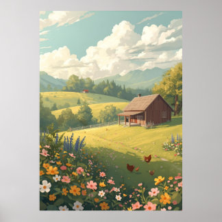 Poster Cabana Rústica no Campo com Flores Silvestres 