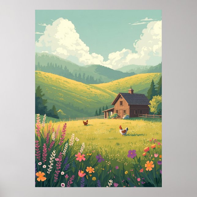 Poster Cabana Rústica no Campo com Flores Silvestres  (Frente)