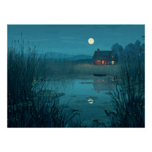 Póster Cabaña Serenidade no Lago ao Luar Arte