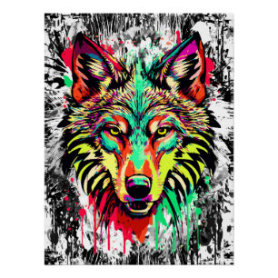 Póster Cabeça Colorida do Lobo - Poster do Lobo - Lobos