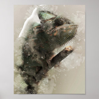 Poster cabeça de camaleão fecha pintura de óleo de aquare