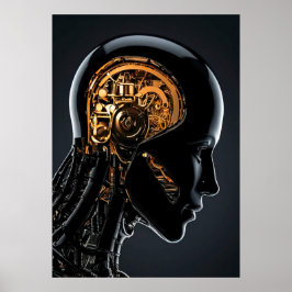 Poster Cabeça de Ciborgue Preto Cérebro Mecânico Dourado 