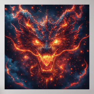 Poster Cabeça de Dragão Ardente Irradiando Energia Intens