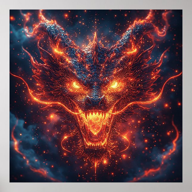 Poster Cabeça de Dragão Ardente Irradiando Energia Intens (Frente)