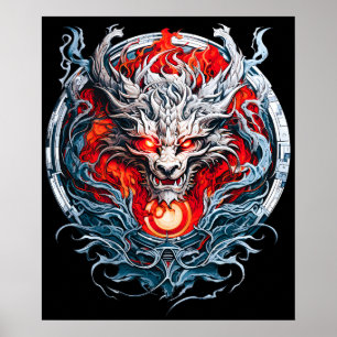 Poster Cabeça de Dragão Mítico com Chama Vermelha de Fogo