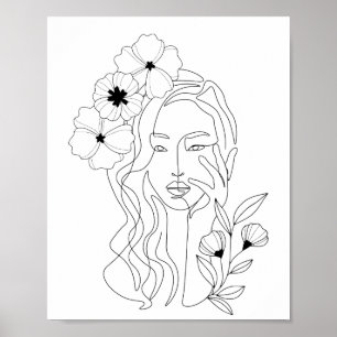 Poster Cabeça de Flor Mínima da Mulher de Arte de Linha