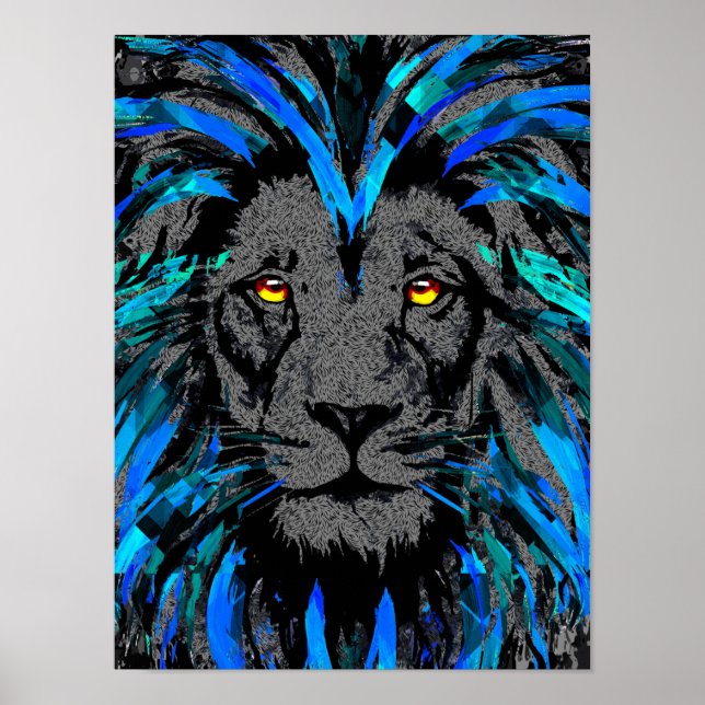 Poster Cabeça De Leão Azul - Retrato De Leão - Rosto De L (Frente)
