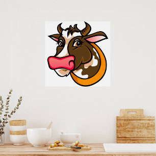 Poster Cabeça de Vaca Marrom Jovial com Nariz Rosa