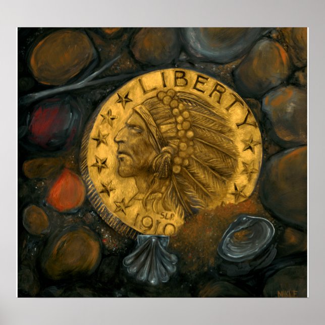 Póster Cabeça indiana Dourada $5 Half Eagle oil em gesso (Frente)
