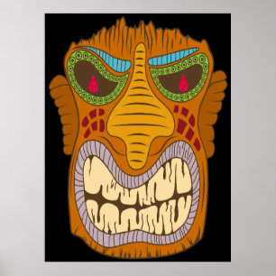 Poster Cabeça Louca de Tiki com Chamas nos Olhos, Preto