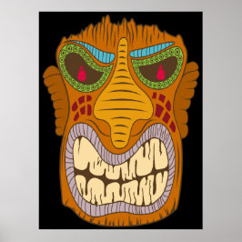 Poster Cabeça Tiki Louca com Chamas nos Olhos, Preto