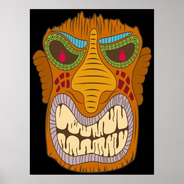 Poster Cabeça Tiki Louca com Chamas nos Olhos, Preto (Frente)