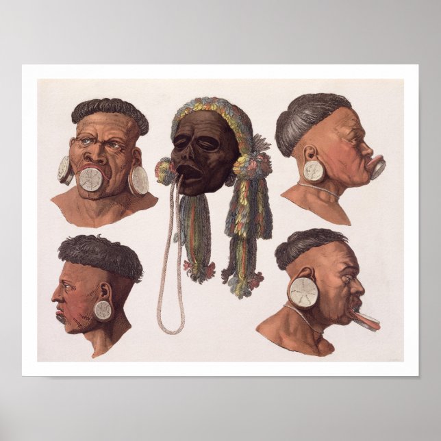 Póster Cabeças de Botocudos Indianos (gravura a cores) (Frente)