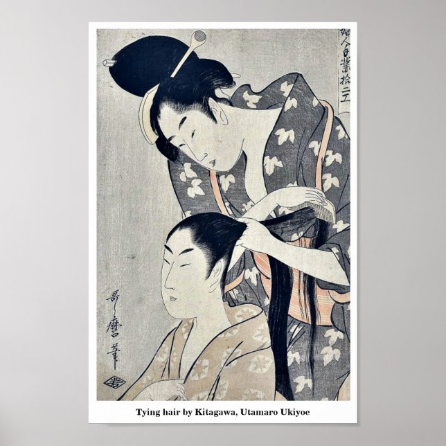 Póster Cabelo amarrado por Kitagawa, Utamaro Ukiyoe (Frente)