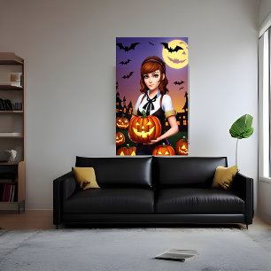 Poster Cabelo castanho jovem segurando abóbora Arte AI