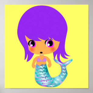 Póster cabelo púrpura de sereia mágica de chibi