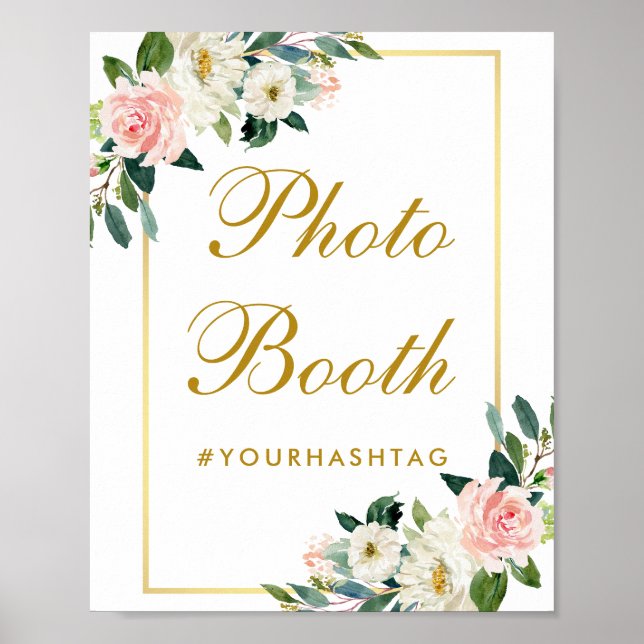 Poster Cabine de Foto Casamento Rosa Floral Dourado (Frente)