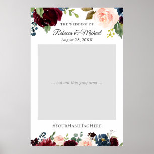 Poster Cabine de Foto de Casamento Floral Azul Naval Bege