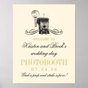 Poster Cabine de Fotos com Câmera Antiga Dourada Casament