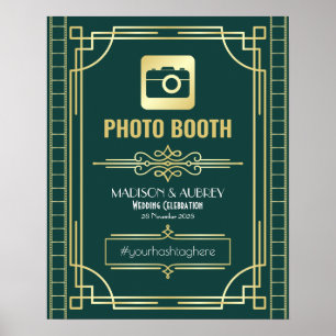 Poster Cabine de Fotos de Casamento Art Déco Placa Dourad