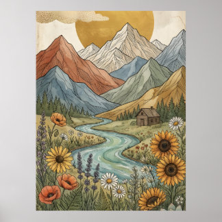 Poster Cabine de Montanha Celestial Boho Rio Girassol