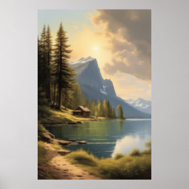 Poster cabine virada para um lago perto das montanhas