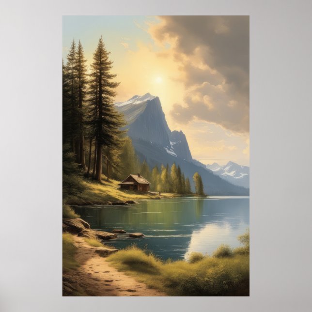 Poster cabine virada para um lago perto das montanhas (Frente)