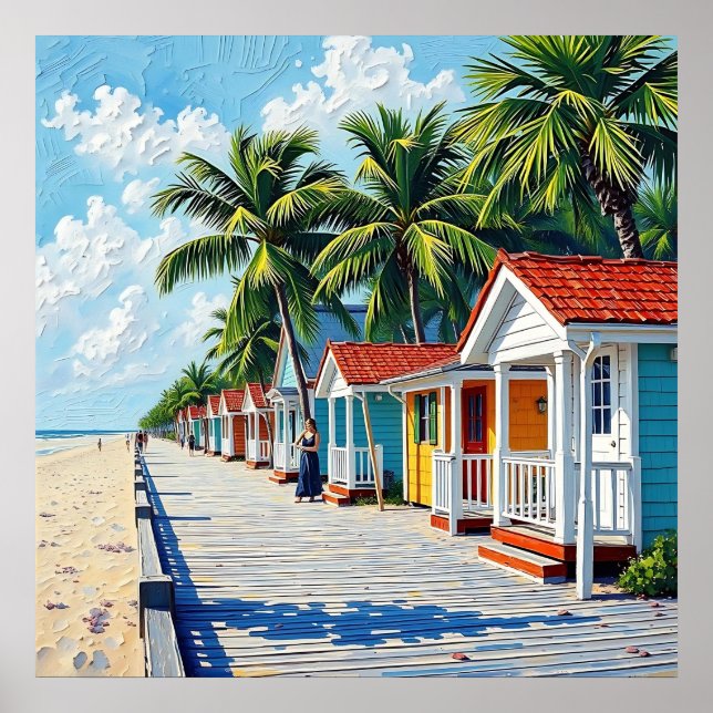 Poster Cabines de Praia Coloridas e Tropicais Vibrantes (Frente)