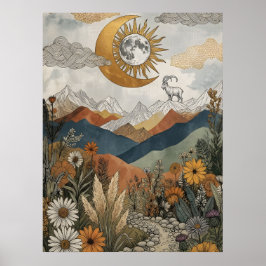 Poster Cabra Montês Boho Celestial Eclipse Lunar