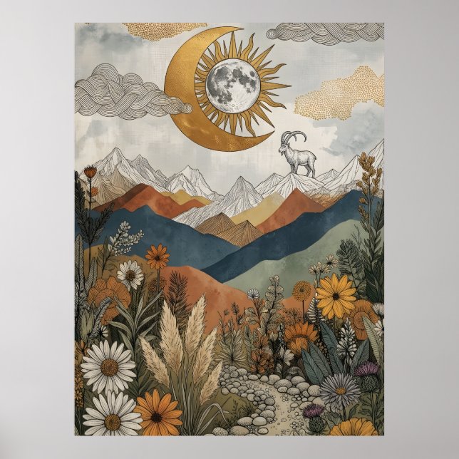 Poster Cabra Montês Boho Celestial Eclipse Lunar (Frente)