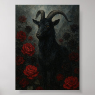 Poster Cabra Negra Gótica com Arte Negra Rosa vermelha