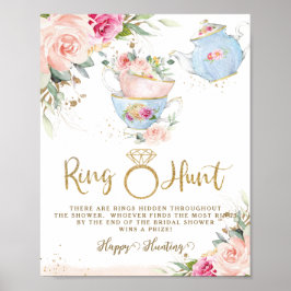 Poster Caça ao Anel Chá da Noiva com Flores Rosadas Festa