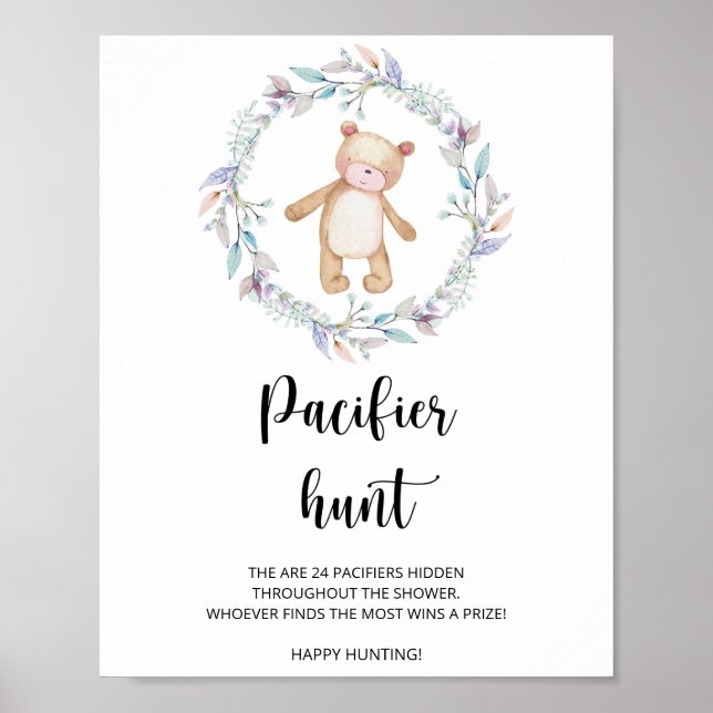 Poster caça ao chupeta do ursinho baby shower jogo  (Frente)