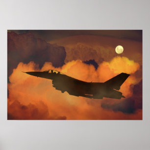 Poster Caça Avião F-16 Céu Noturno Lua Nuvens