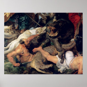 Poster Caça do Hippopotamus e do crocodilo, c.1615-16