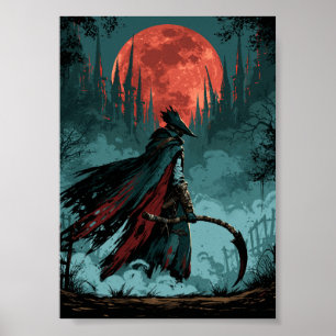 Poster Caçador de Fantasia Sombria com Foice e Lua Vermel