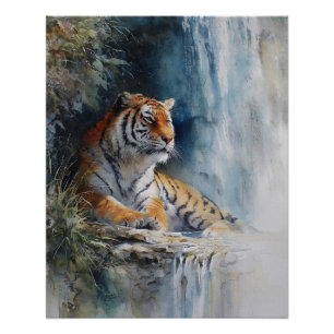 Póster Cachoeira Tranquila Arte de Tigre em Penhasco Nebu