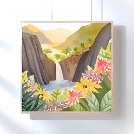 Póster Cachoeira Tropical | Paisagem Floral em Aquarela