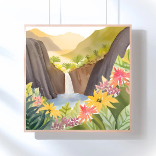 Póster Cachoeira Tropical   Paisagem Floral em Aquarela