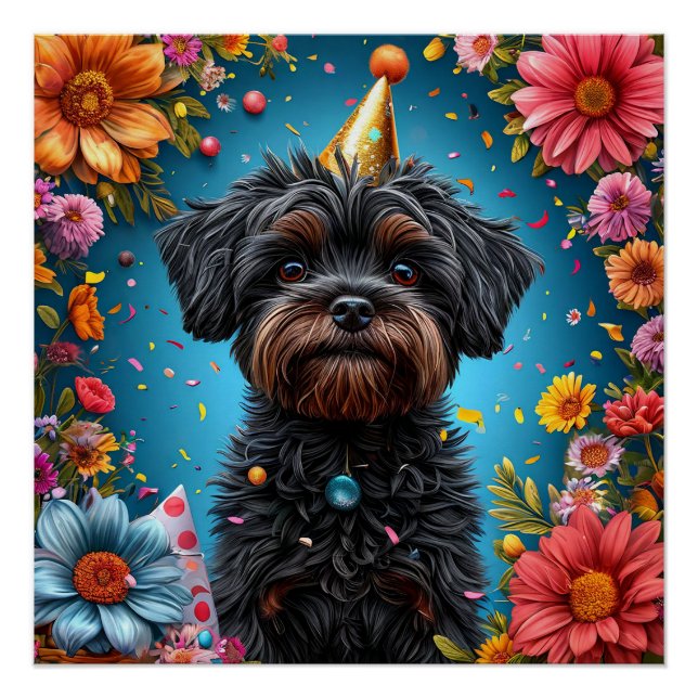 Póster Cachorrinho Adorável com Chapéu de Aniversário (Frente)