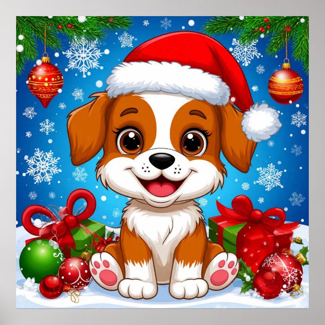 Poster Cachorrinho Adorável com Chapéu de Papai Noel e Pr (Frente)