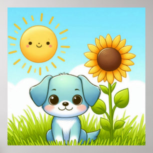 Poster Cachorrinho Adorável com Girassol e Sol Sorridente