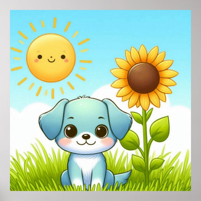 Poster Cachorrinho Adorável com Girassol e Sol Sorridente (Frente)