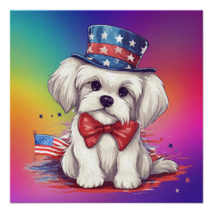 Póster Cachorrinho Branco Patriótico de 4 de Julho -43568
