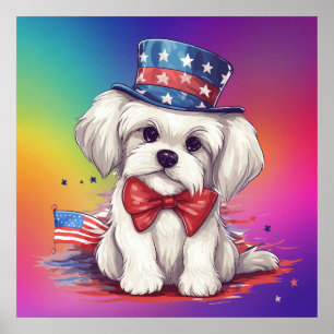 Poster Cachorrinho Branco Patriótico de 4 de Julho -43568