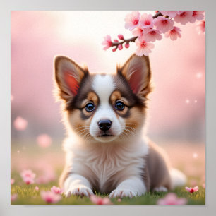 Poster Cachorrinho Corgi Super-Realista em Folhas de Bord