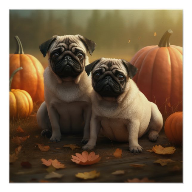 Póster Cachorrinho Pug Delícia de Outono Abóbora (Frente)