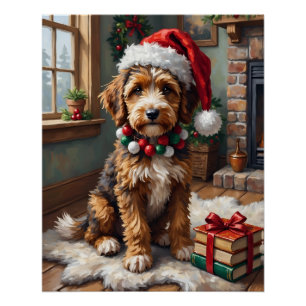 Póster Cachorro Adorável Bernedoodle com Chapéu de Natal